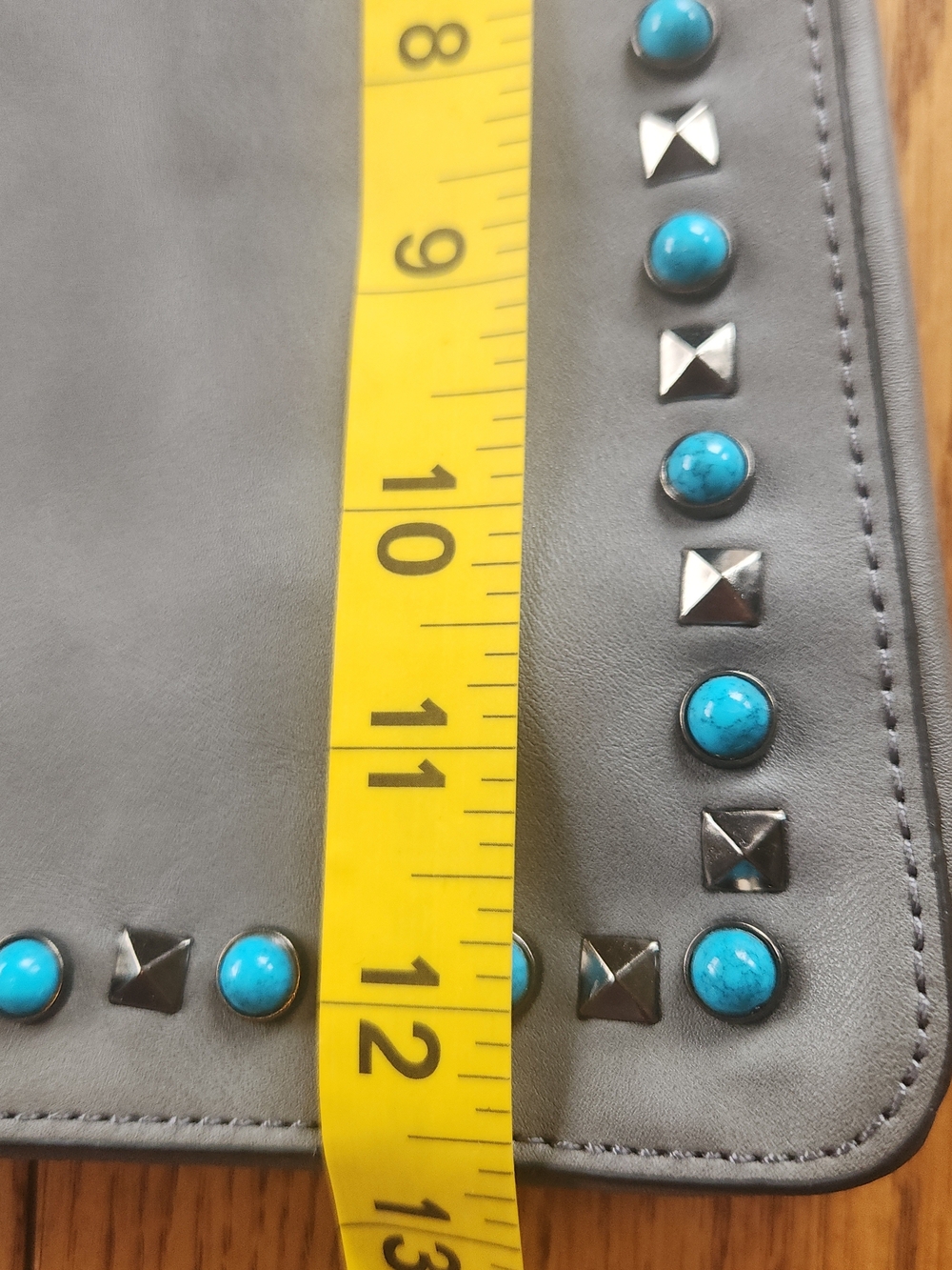 Gray Southwestern Tote Bag w turquois & Silver studs & Embroidered Floral Straps - Picture 4 of 11
